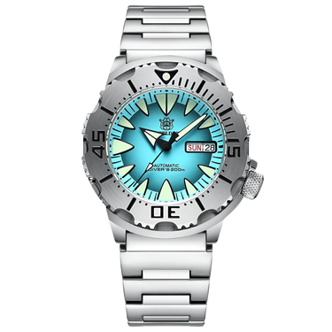 A Men's M-onster watch with a sky blue dial, silver stainless steel bracelet, and a unidirectional steel bezel.